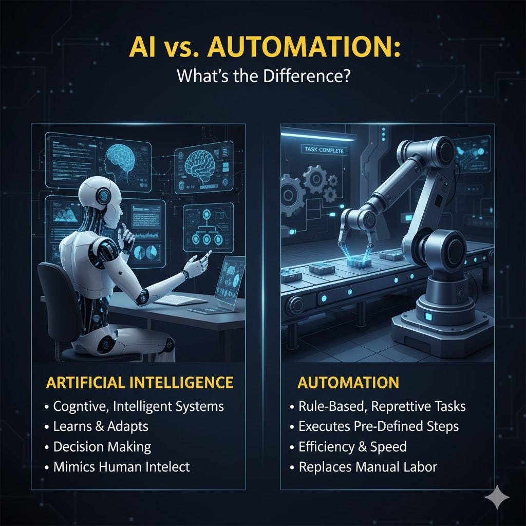 AI vs Automation: What’s the Real Difference for Companies Conceptual Visualization